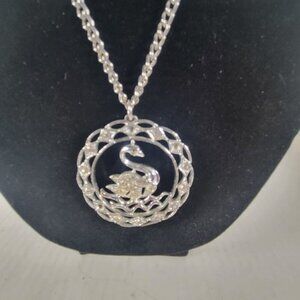 Vintage Sarah Coventry Swan Pendant Rhinestones Silver Classic Elegant Necklace